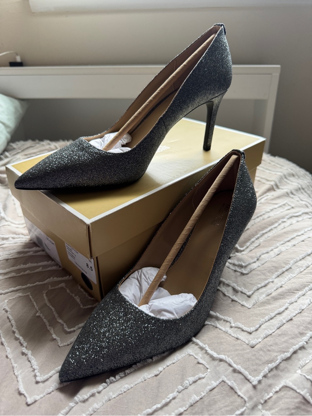 Michael Kors Silver Pointed-Toe Alina Glitter Embellished Leather Pump